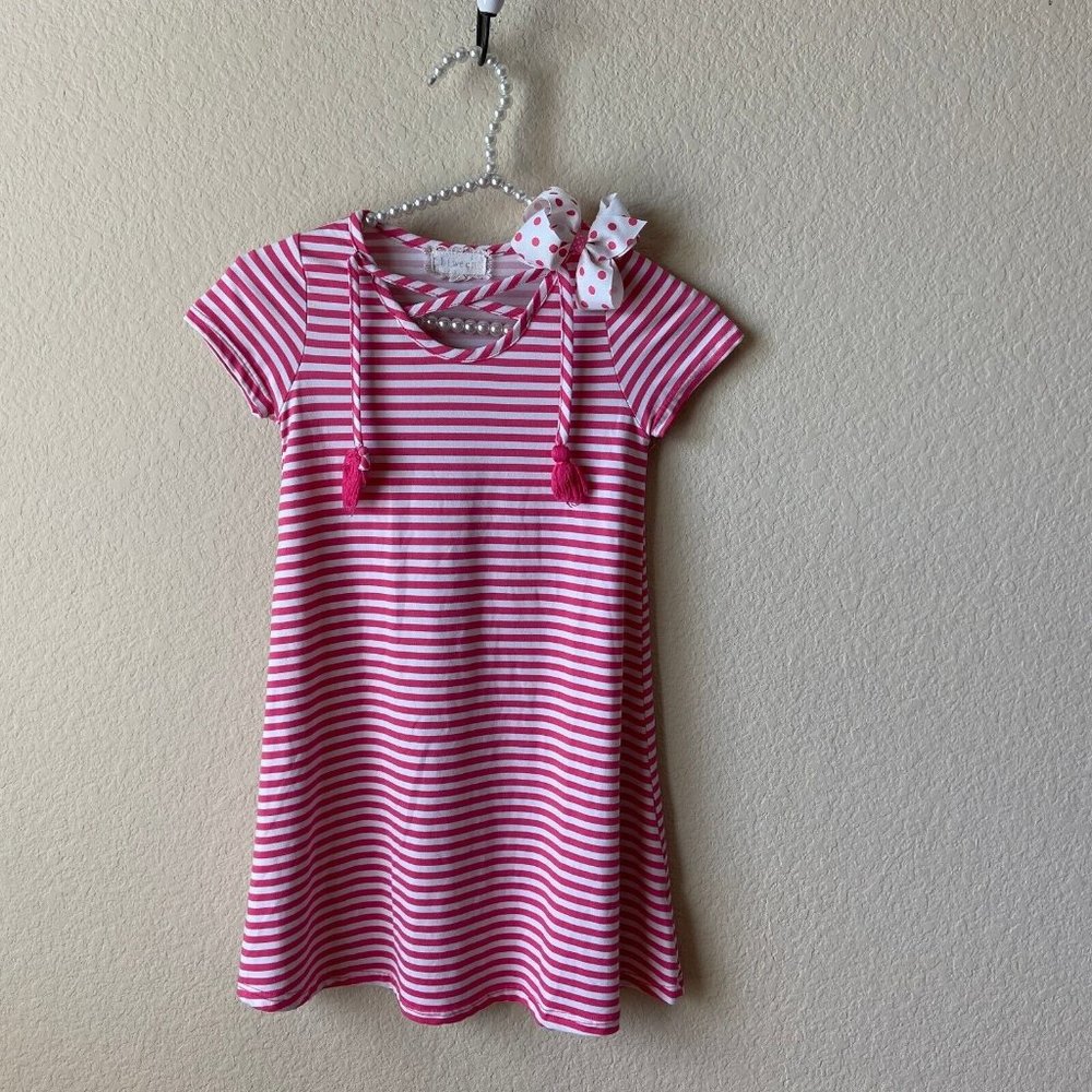 Btween Girl Striped Dress Hot Pink Tassel W/ Polkadot Hair Clip Size: 7 yr